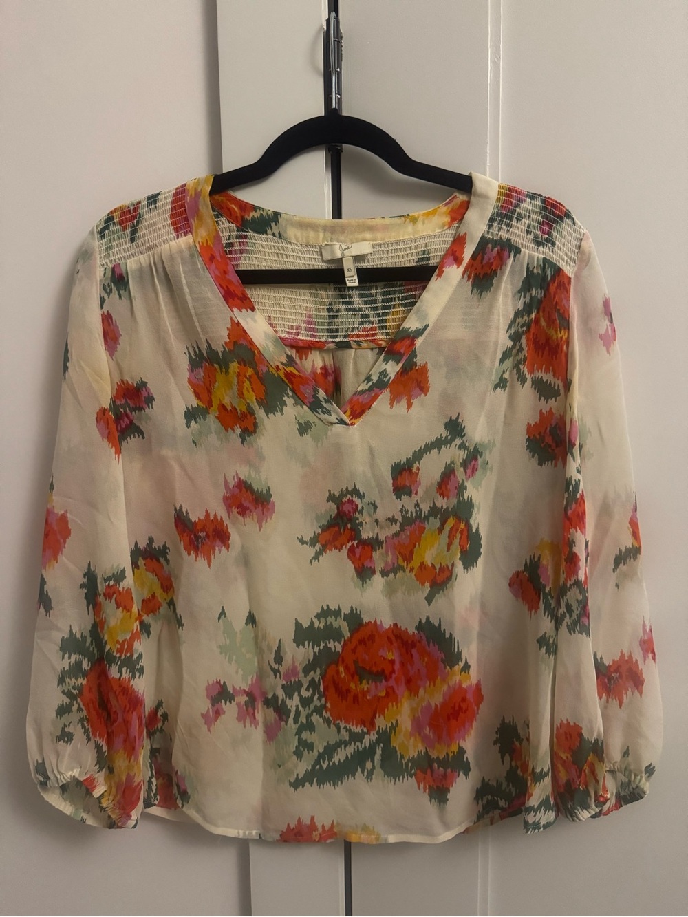 Joie Cream Floral V-Neck Blouse with Pink, Orange & Green Blooms